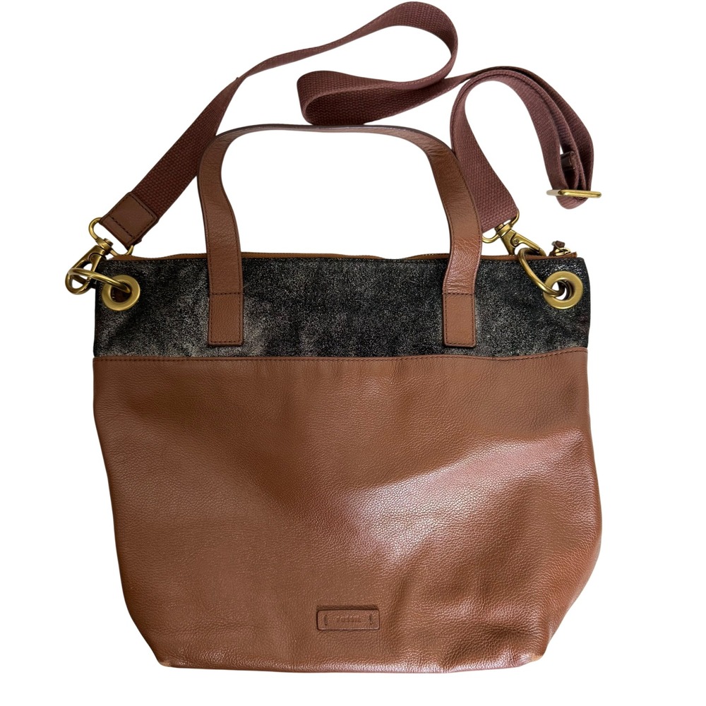 Fossil Brown Pebbled Leather Metallic Crackle Tote Crossbody‎ Bag Large Womens